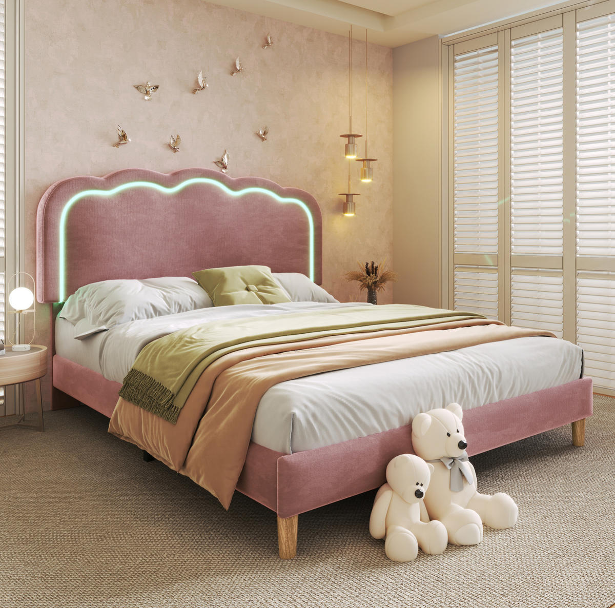 SAMT-POLSTERBETT 140/200 cm in Rosa mit LED-Beleuchtung & verstellbarem Kopfteil - Pink, Textil (140/200cm) - BEAOK