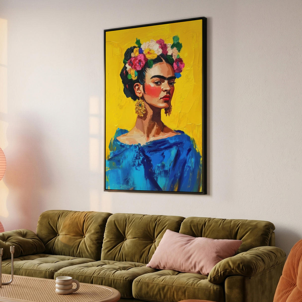 LEINWAND Bilder mit Rahmen - Frida Kahlo - Frau - Gelb - Blau - Blumen - 90x140 - Gelb, Textil (90/140cm) - MuchoWow
