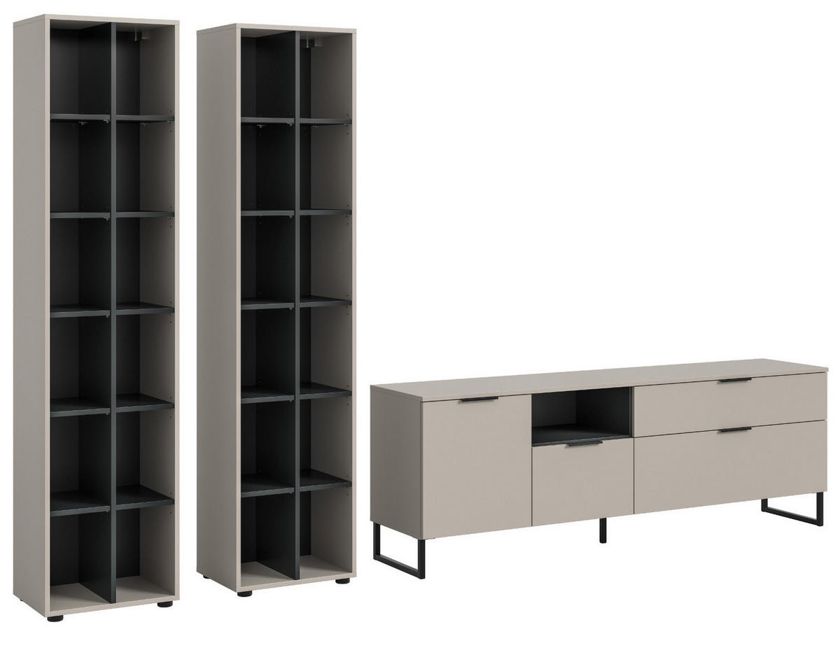 WOHNWAND kaschmir, schwarz 305 cm, Wohnzimmerschränke mit Soft-Close - Kaschmir/Schwarz, Holzwerkstoff/Kunststoff (305/192/41cm) - Inn.Furn