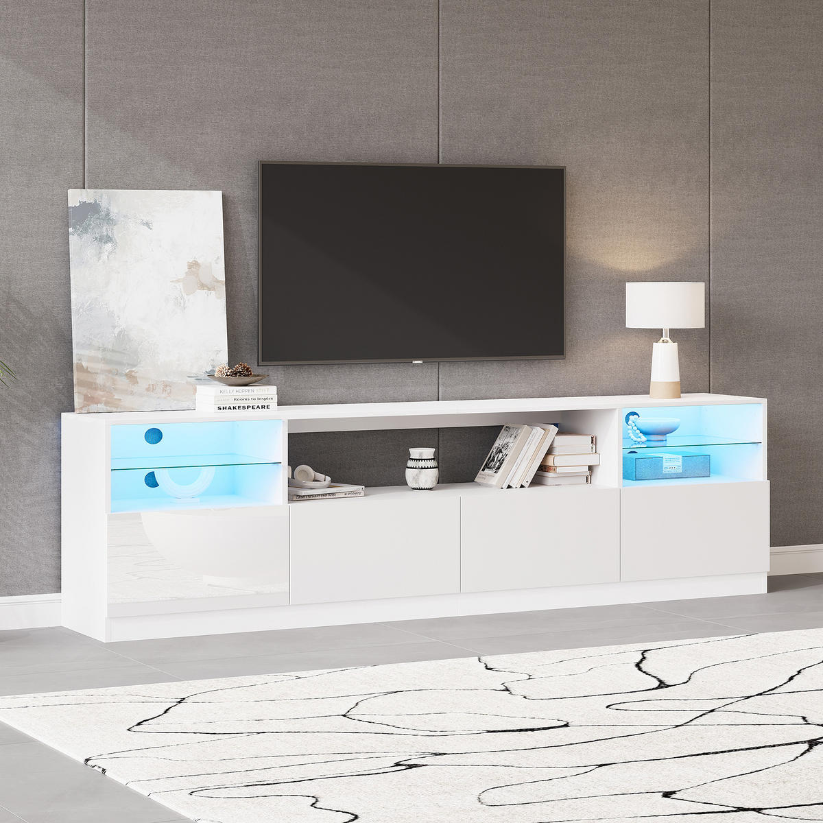 TV-ELEMENT 180/35/60 cm Hochglanz Weiß mit LED-Beleuchtung und 4 Türen - Weiß, Holzwerkstoff (35/60/180cm) - Korfee