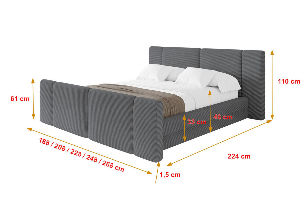 POLSTERBETT mit Bettkasten, Fußteil und Lattenrost, Bett mit Matratze H3/H4 - TEVO-Z 180x200 Dunkelgrau - Graphitfarben, Holzwerkstoff/Textil (180/200cm) - ALTDECOR