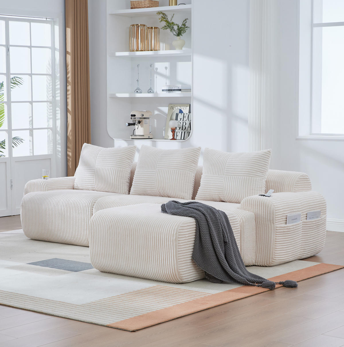 ECKSOFA 268/174/80 cm beige aus Cord mit Cupholder - Beige, Textil (174/268cm) - OKWISH