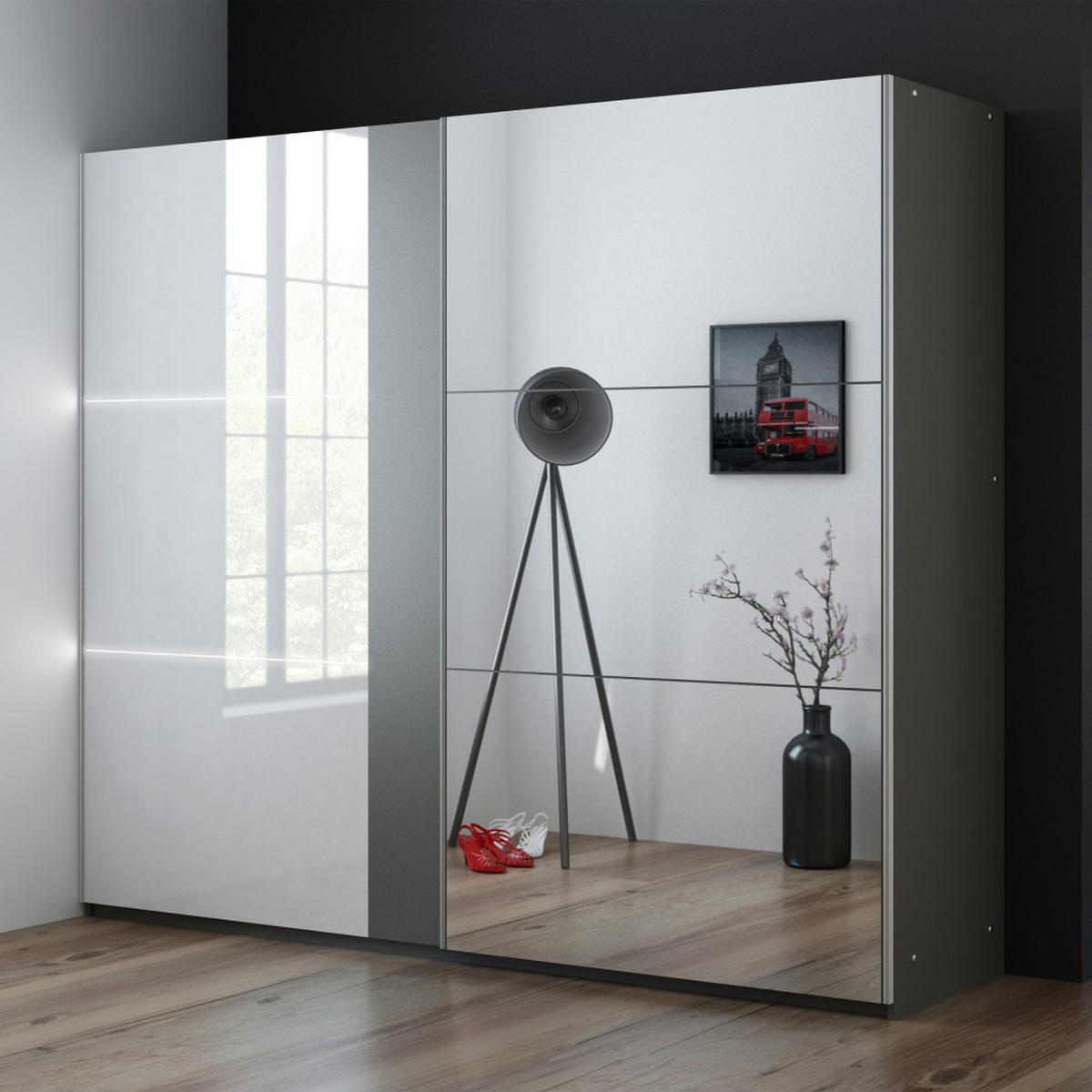 SCHWEBETÜRENSCHRANK Tessa mit 2 Türen und Spiegel, 250 cm, Graphit+Weiß - Graphitfarben/Weiß, Holzwerkstoff (250/215/65cm) - Beautysofa