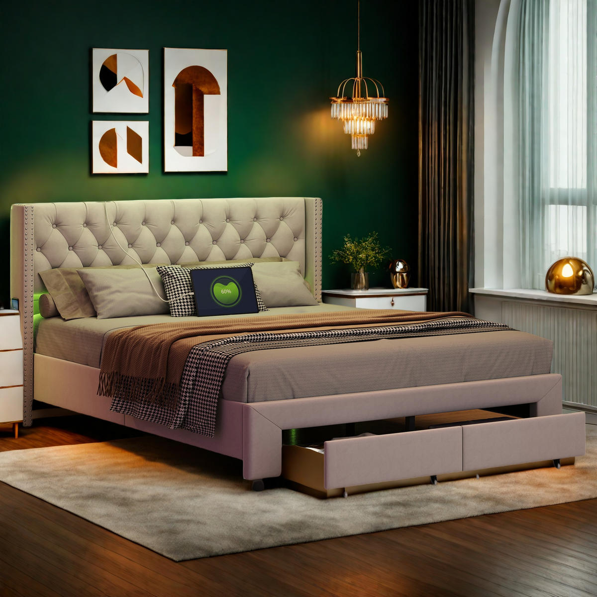 POLSTERBETT 140x190 cm Beige Samt LED USB Schublade - Beige, Holz (140/190cm) - SHOPENTRA