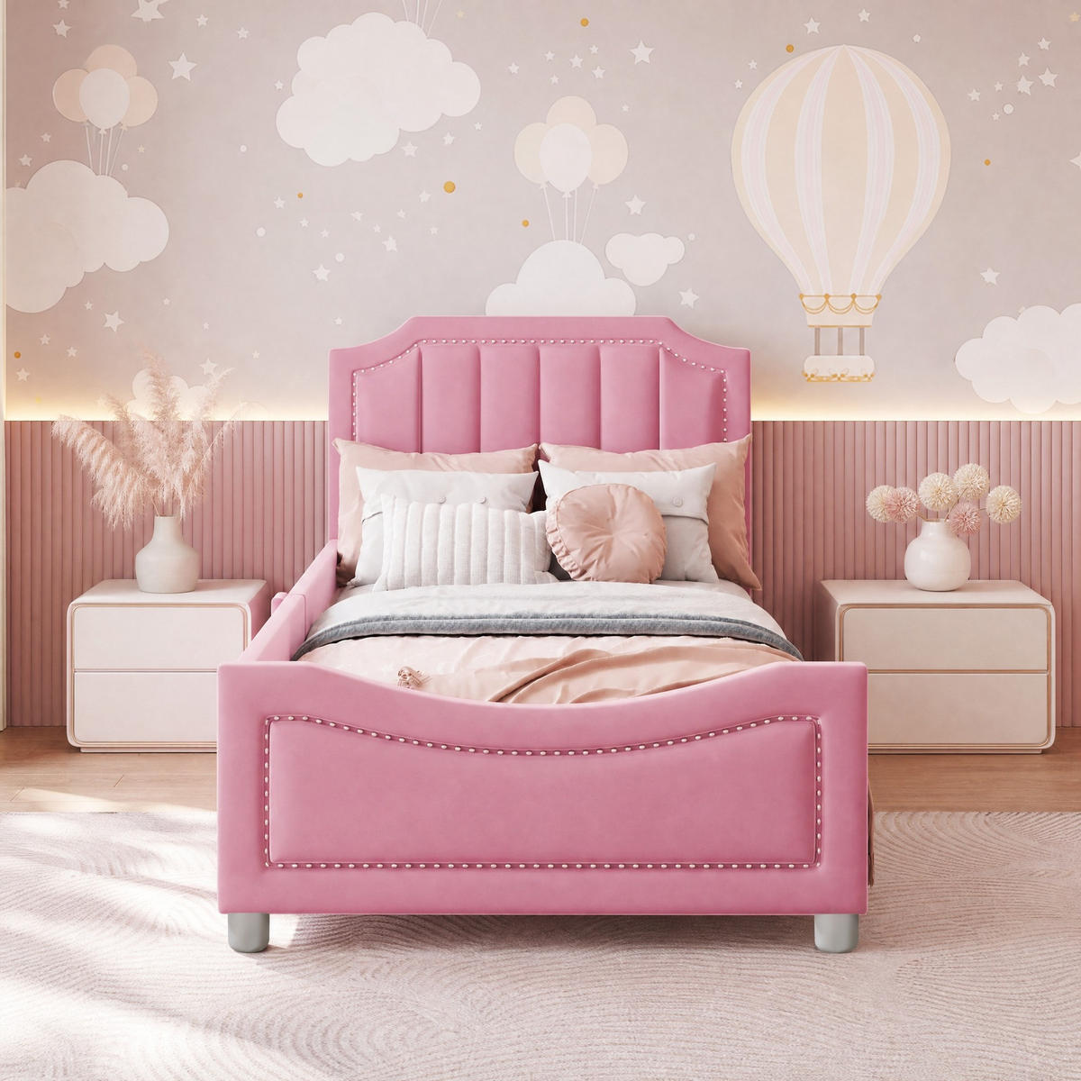 KINDERBETT 90/200 mit Rückenlehne, Armlehne und Lattenrost in Rosa - Rosa, Holzwerkstoff/Textil (90/200cm) - EVRYAE
