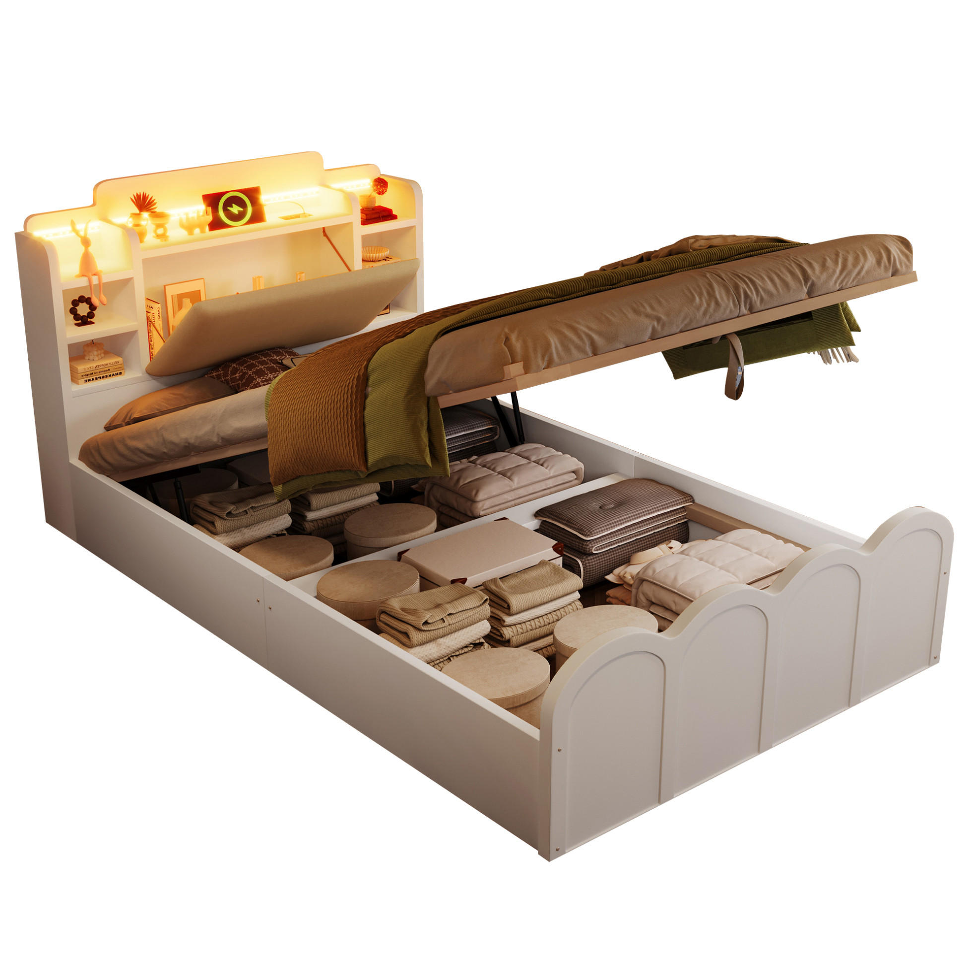 KINDERBETT 90/200 cm Weiß mit Stauraum, LED-Beleuchtung und USB- und Type-C-Anschlüssen - Weiß, Holz (90/200cm) - Flora Grace