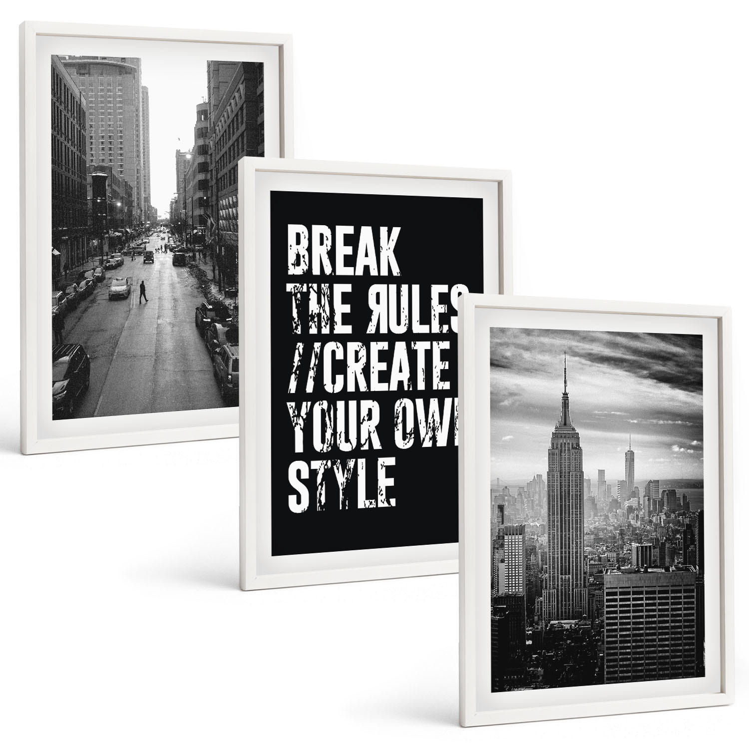 BILDER SET 3er Set - 40x60 cm Weißer Rahmen - Inspiration für Schwarz-Weiß-Darstellungen von Stadtstraßen - Weiß, Kunststoff (40/60cm) - TULUP