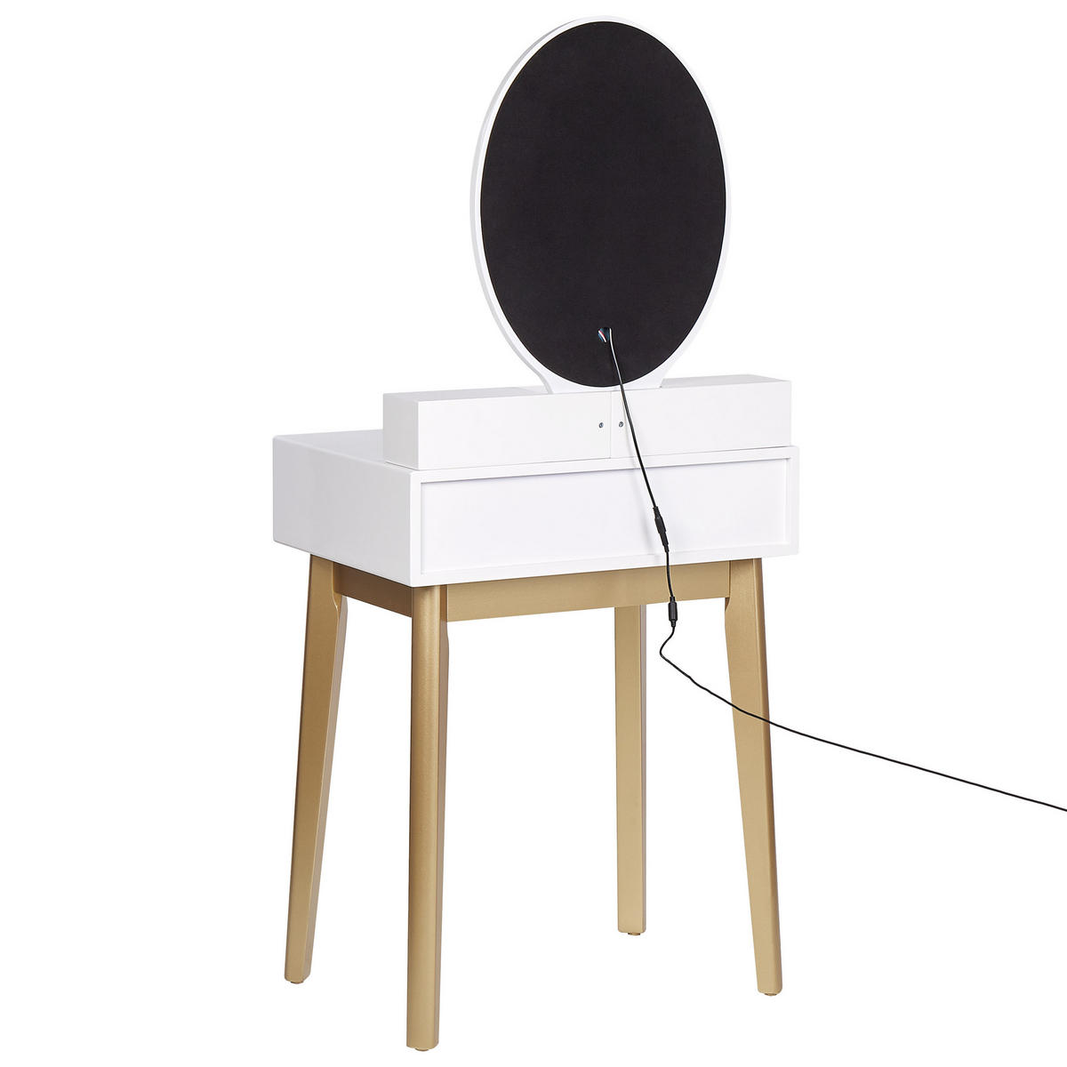 SCHMINKTISCH mit ovalem LED-Spiegel Hocker 3 Schubladen weiß/gold Rosey - Beige/Goldfarben, Holzwerkstoff (58/135/40cm) - Beliani