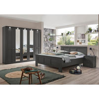SCHLAFZIMMER Greenholm in Graphit 4 teilig mit Kleiderschrank 250cm Breite mit Spiegel, Doppelbett 180x200cm, zwei Nachttisch - Grau, Holzwerkstoff (80/200/120cm)