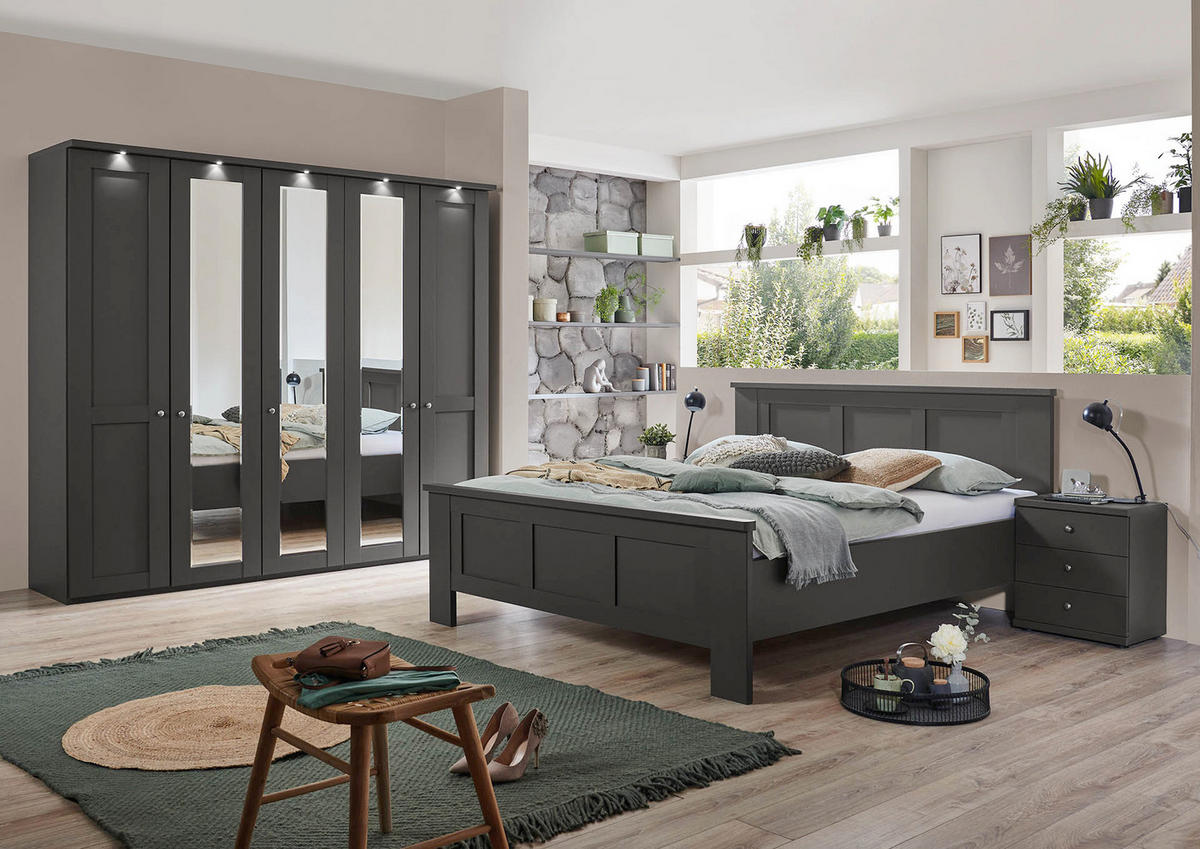 SCHLAFZIMMER Greenholm in Graphit 4 teilig mit Kleiderschrank 250cm Breite mit Spiegel, Doppelbett 180x200cm, zwei Nachttisch - Grau, Holzwerkstoff (80/200/120cm)