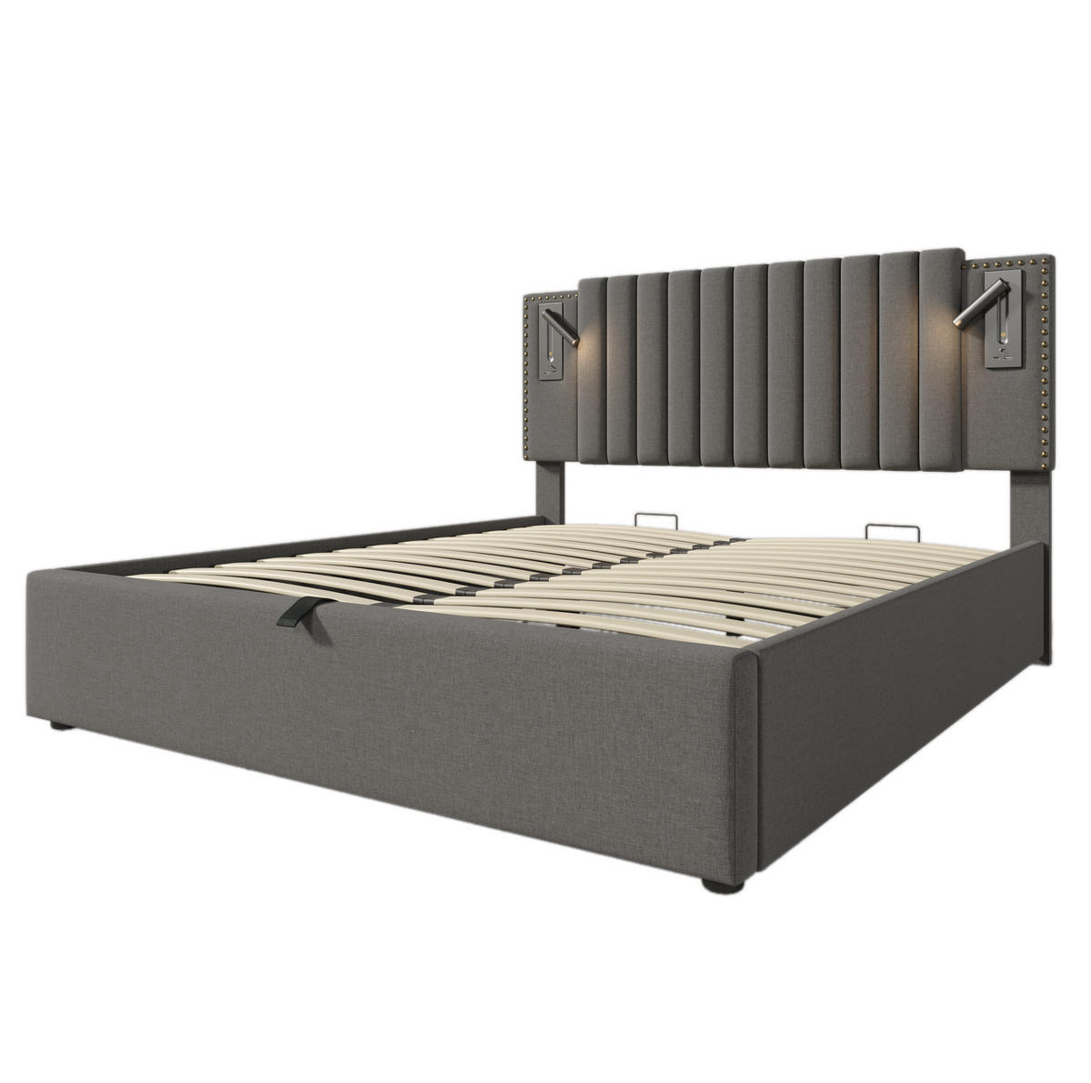POLSTERBETT 140/200 cm aus Baumwolle mit Bettkasten, Matratze, Leselicht, USB- und USB-C-Anschlüssen, höhenverstellbarem Kopfteil, Grau - Grau, Textil (140/200cm) - Redom