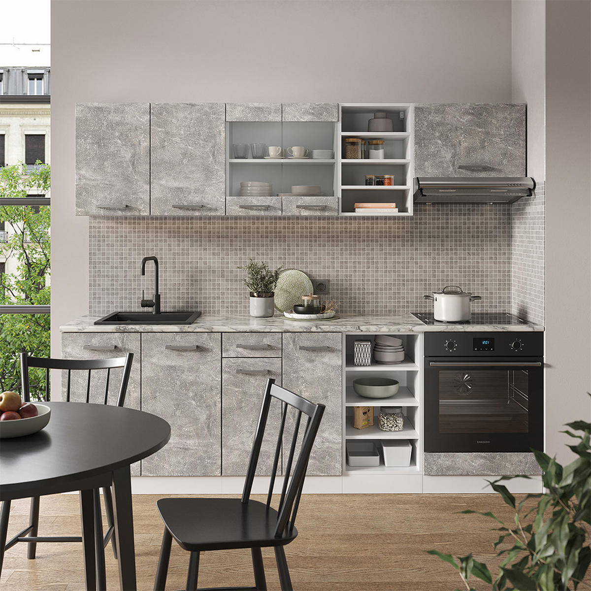 KÜCHENZEILE R-Line Beton/Weiß 240 cm ohne AP - Schieferfarben/Weiß, Holzwerkstoff (240/81.6/46cm) - Vicco