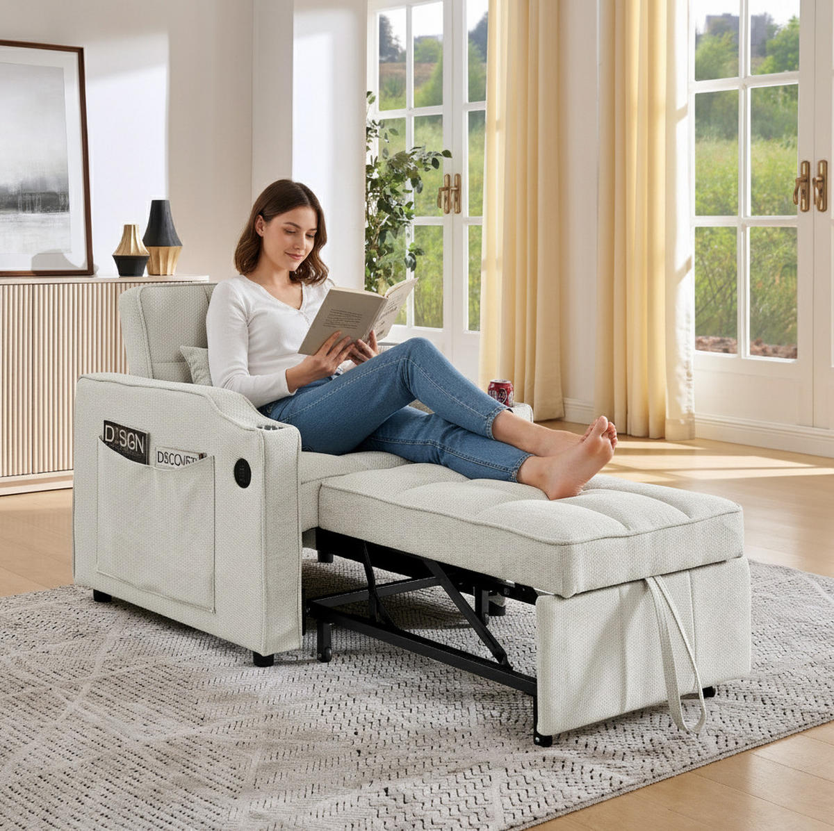 SCHLAFSESSEL 3-in-1 mit Liegefunktion 190 cm Holz/Stoff Beige - Beige, Holz (85/86/190cm) - Meubliv