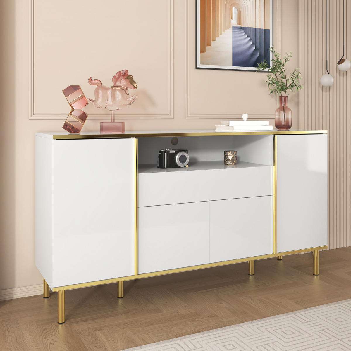 SIDEBOARD mit LED-Beleuchtung und Stauraum Türen Schublade Gold 160/40/80 cm - Goldfarben/Weiß, Holzwerkstoff/Metall (150/80/40cm) - EVRYAE