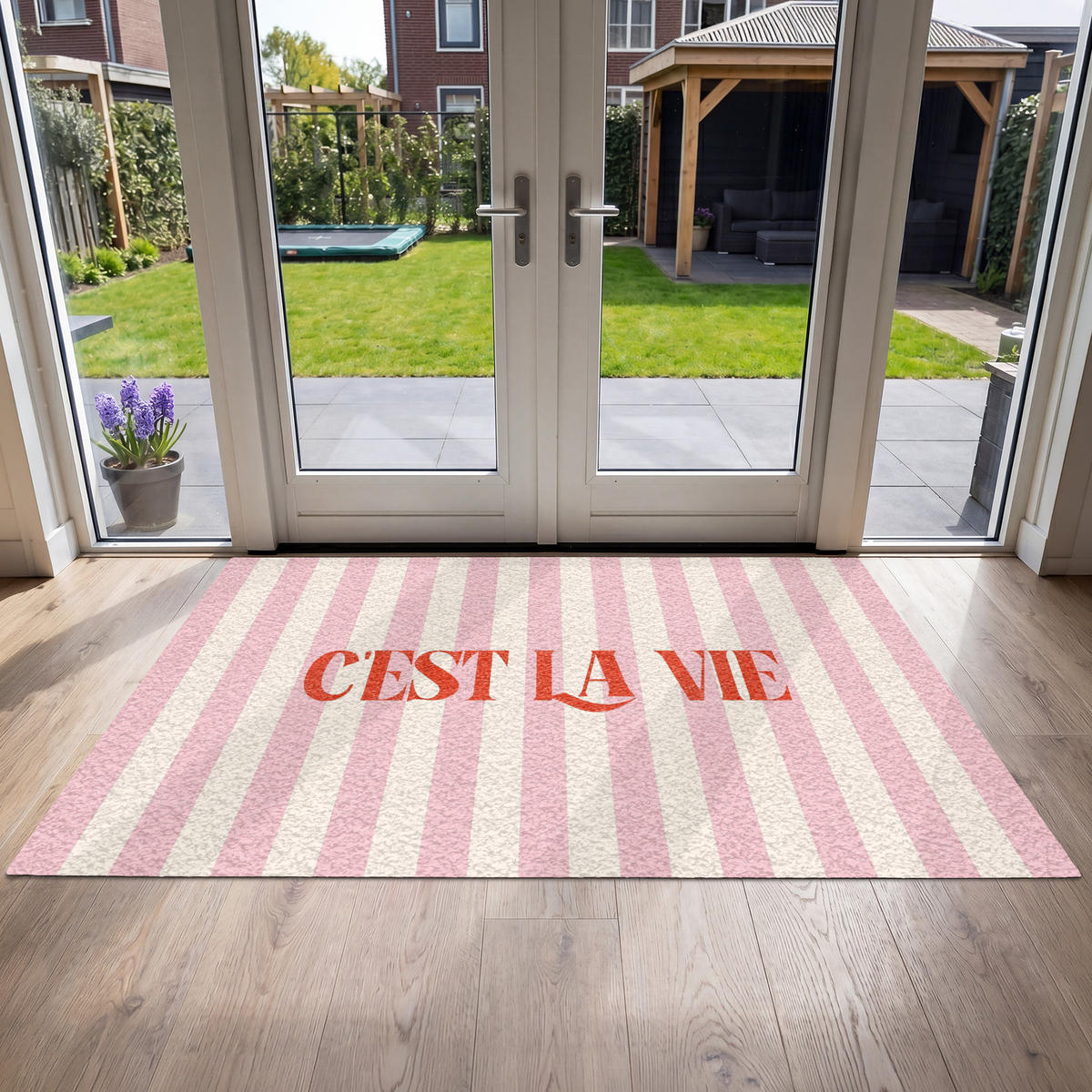 FUSSMATTE Zartrosa – Rot – Streifen – C'est La Vie 180x120 cm - Rosa, Kunststoff (180/0.4cm) - MuchoWow