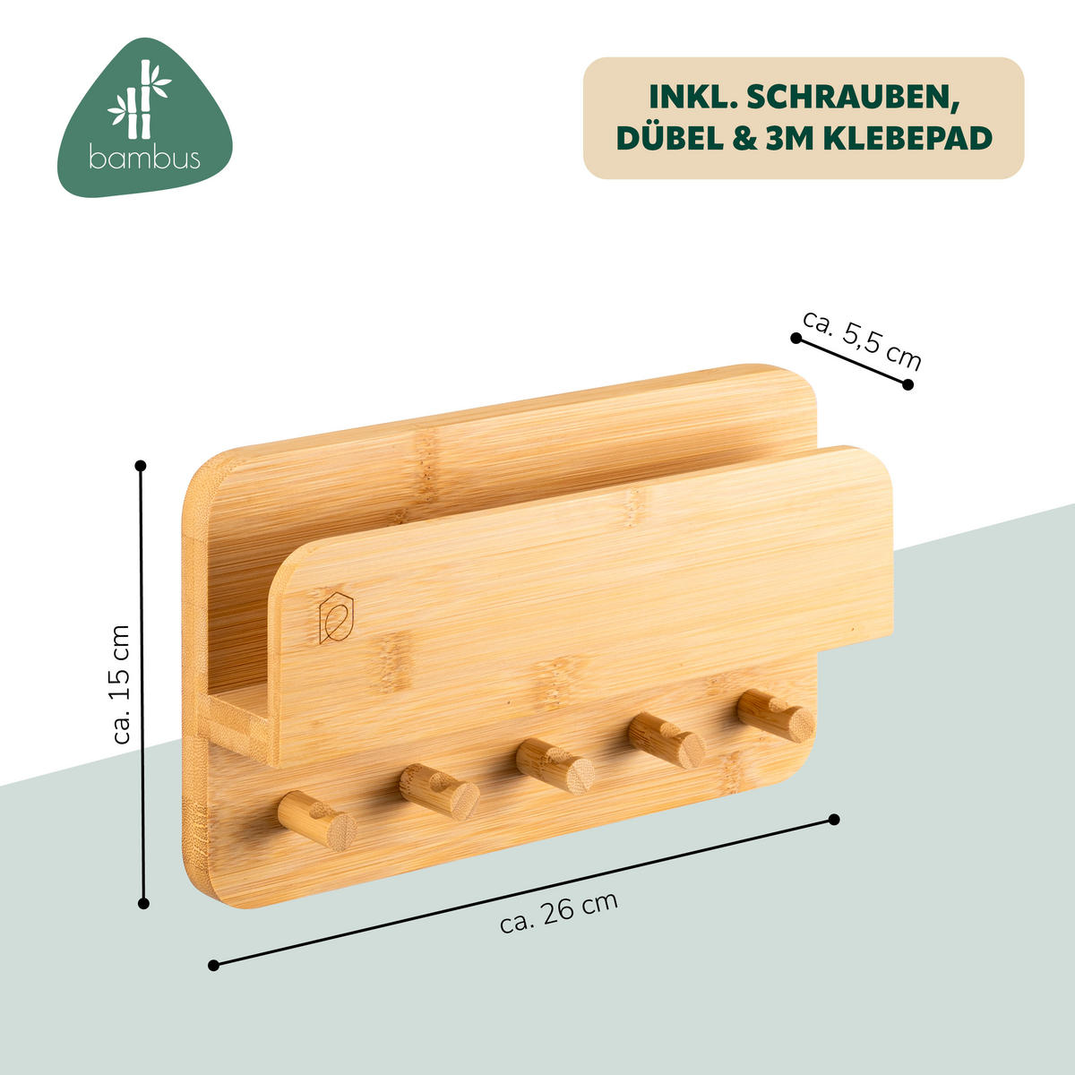 SCHLÜSSELBRETT, Bambus - Braun, Holz (26/15/5.5cm) - eluno