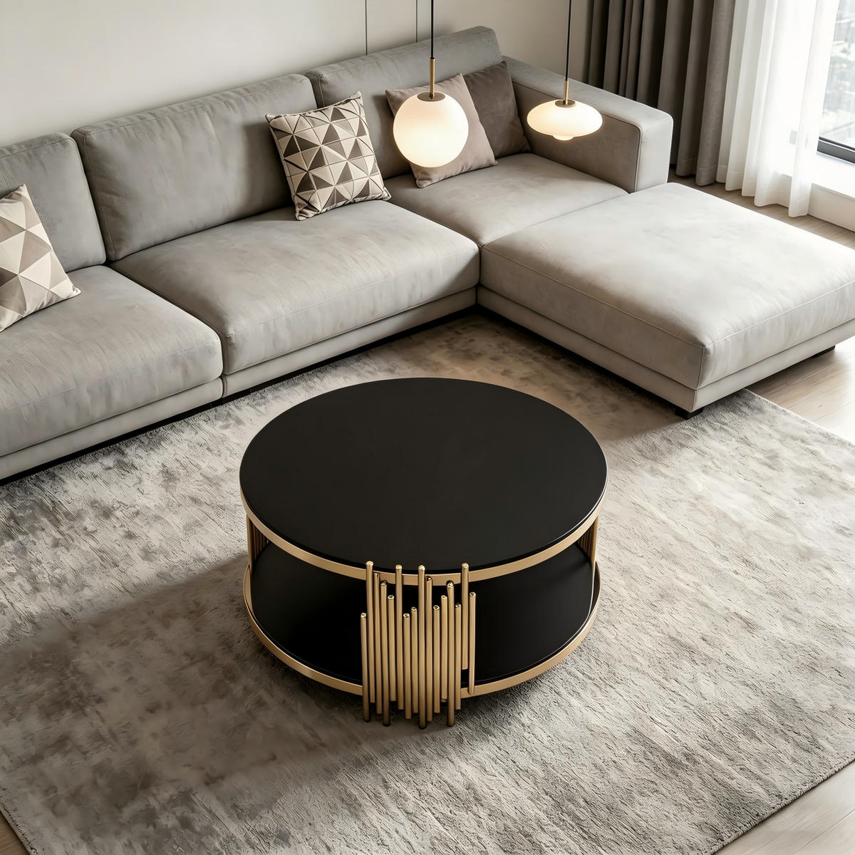 COUCHTISCH mit Doppelglas, gehärteter Glasplatte & Stahlbasis Schwarz - Goldfarben/Schwarz, Glas/Holzwerkstoff (80/80/45cm) - EVRYAE