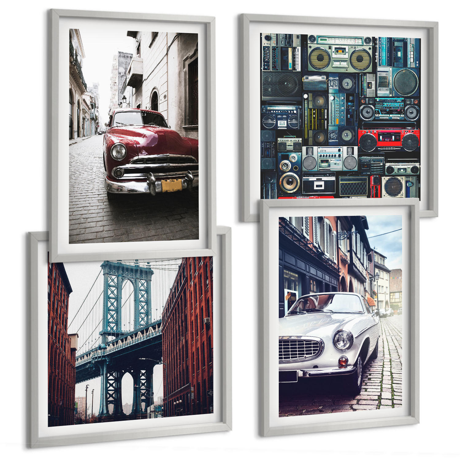 BILDER SET 4er Set - 50x50 cm & 40x60 cm Silberner Rahmen - Old Cars Brooklyn Retro-Audio - Silberfarben, Kunststoff (50/50cm) - TULUP