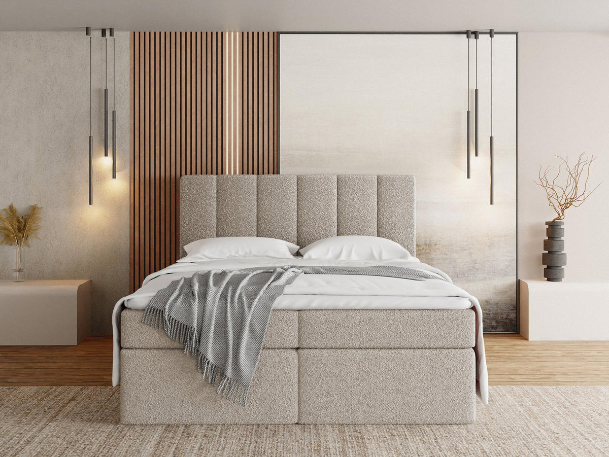 BOXBETT Amira mit Bettkasten, Boucle Beige 120/200 cm – 7-Zonen Taschenfederkern-Matratze & Komfortschaum-Topper - Beige/Schwarz, Holz/Holzwerkstoff (120/200cm) - WFL GROUP