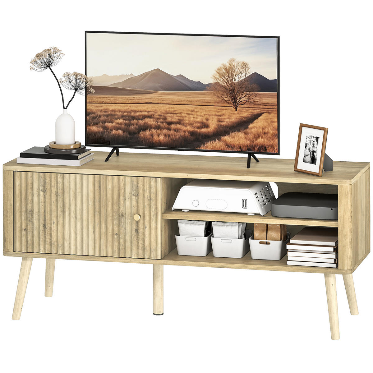 TV-BANK Eichenfarben 115/35/49 cm, 1 Tür, Offene Fächer, Kabelmanagement - Eichefarben, Holzwerkstoff (115/49/35cm) - PANGIVO