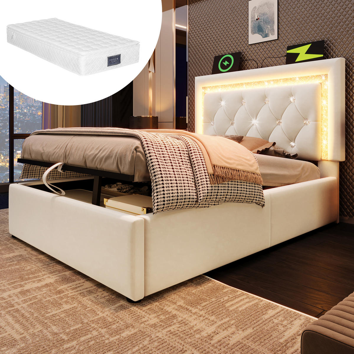 POLSTERBETT 90/200 cm in Beige Samt mit Bettkasten, LED und USB - Beige, Holzwerkstoff/Textil (90/200cm) - WISHDOR