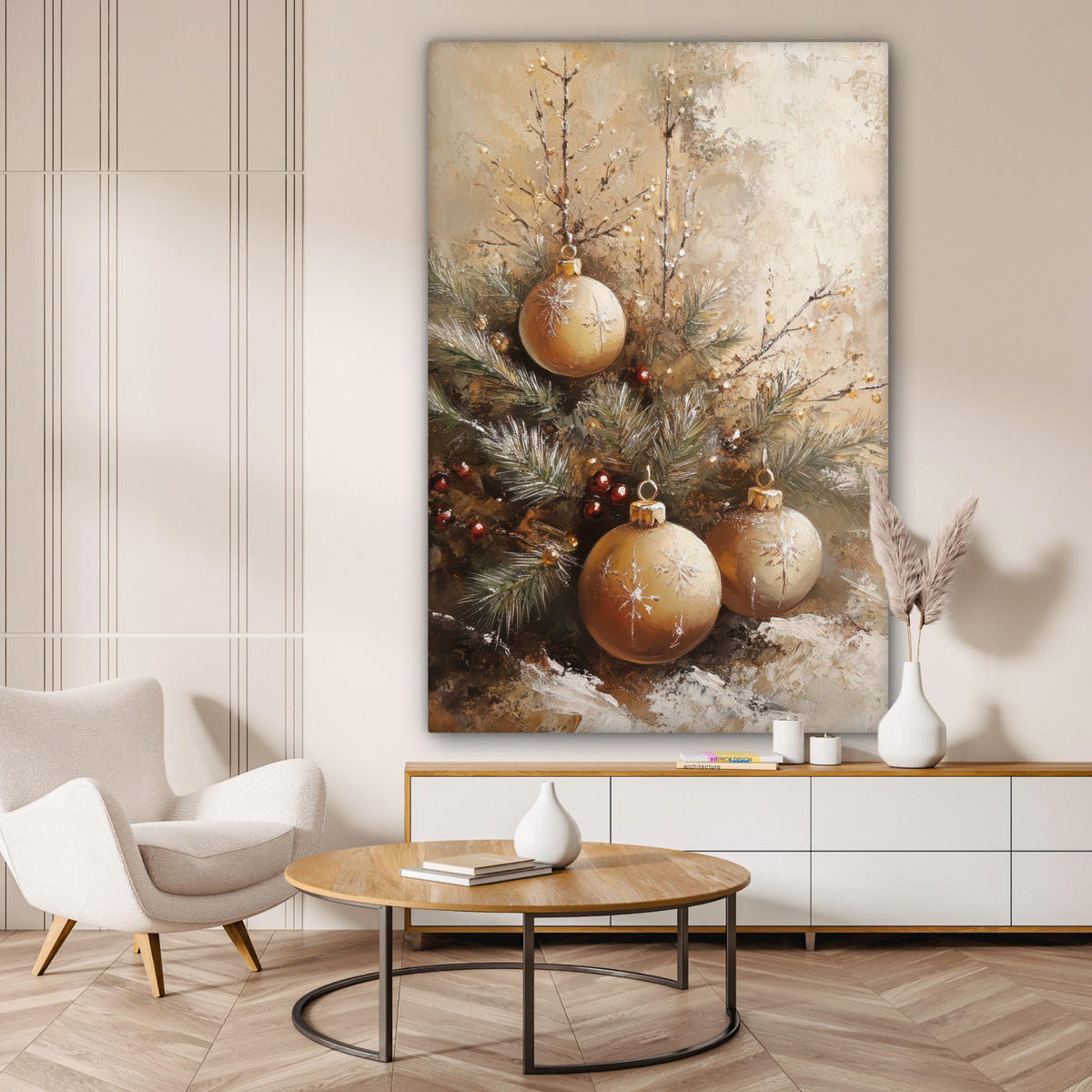 OBRAZ NA PLÁTNĚ Vánoce - ozdoby - béžové - zlaté 90x140 cm - zlatá, textil (90/140cm) - MuchoWow