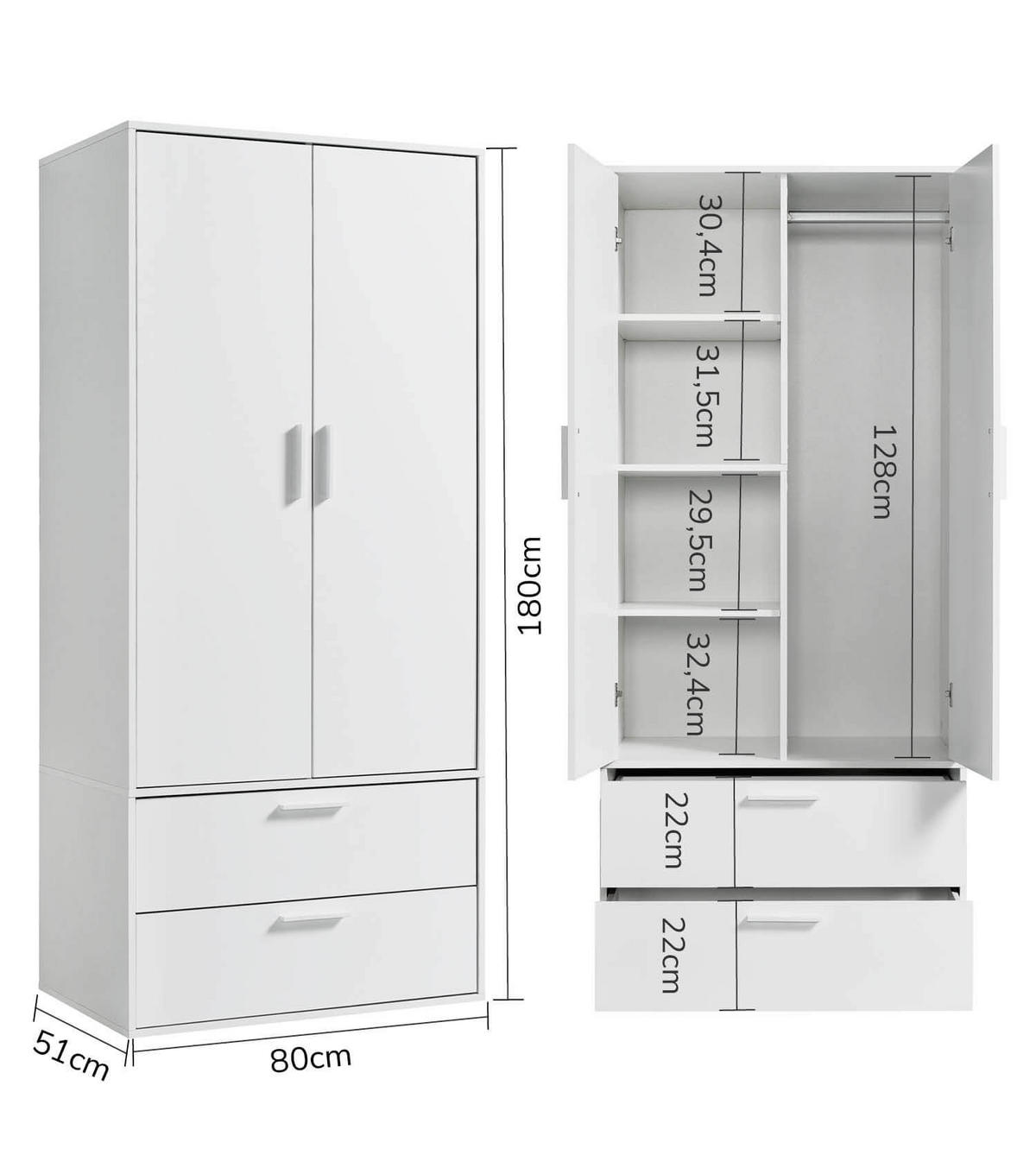KLEIDERSCHRANK Der Kleiderheld - Weiß, Holzwerkstoff (80/180/51cm) - Mokebo