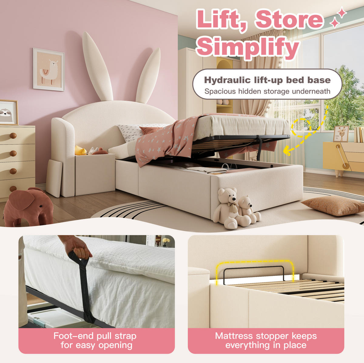 JUGENDBETT 90/200 cm, Beige, mit Nachttisch, Stauraum und Hydraulik - Beige, Textil (90/200cm) - MIVRAY