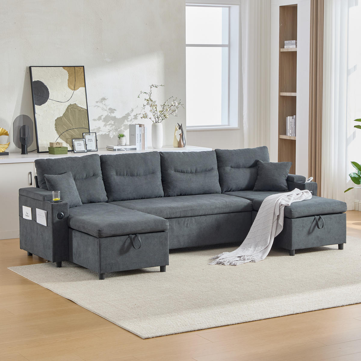 SCHLAFSOFA 4-Sitzer mit Chaiselongues, USB und Stauraum, Dunkelgrau - Dunkelgrau, Textil (272/86/136cm)