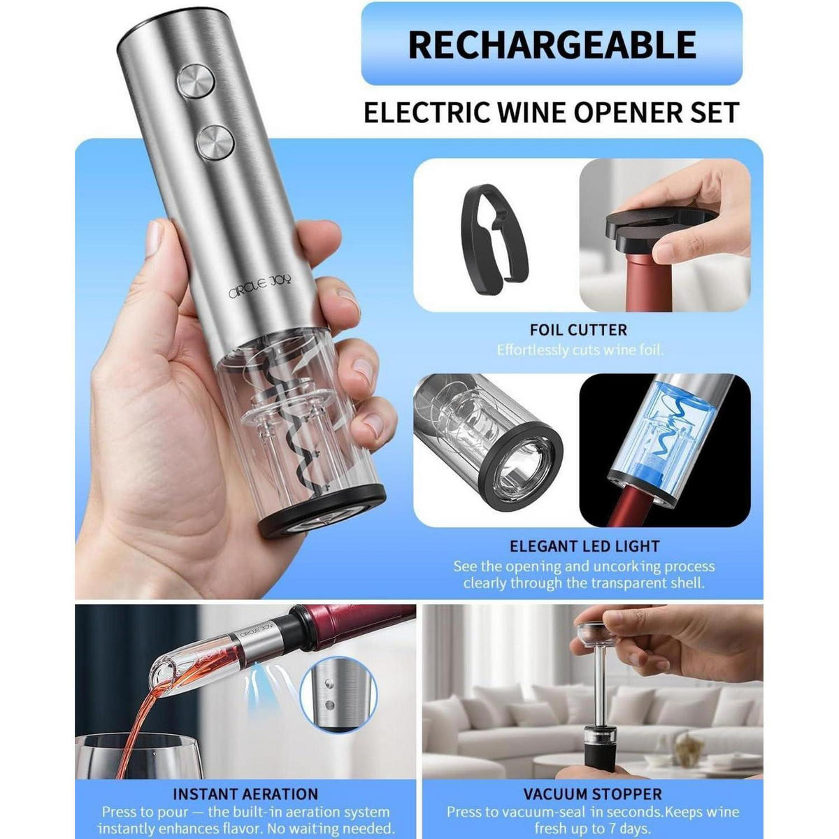 ELEKTRISCHER Weinkorkenzieher 6-teiliges Set Edelstahl mit Ladestation und Zubehör - Silberfarben, Metall (27.1cm)