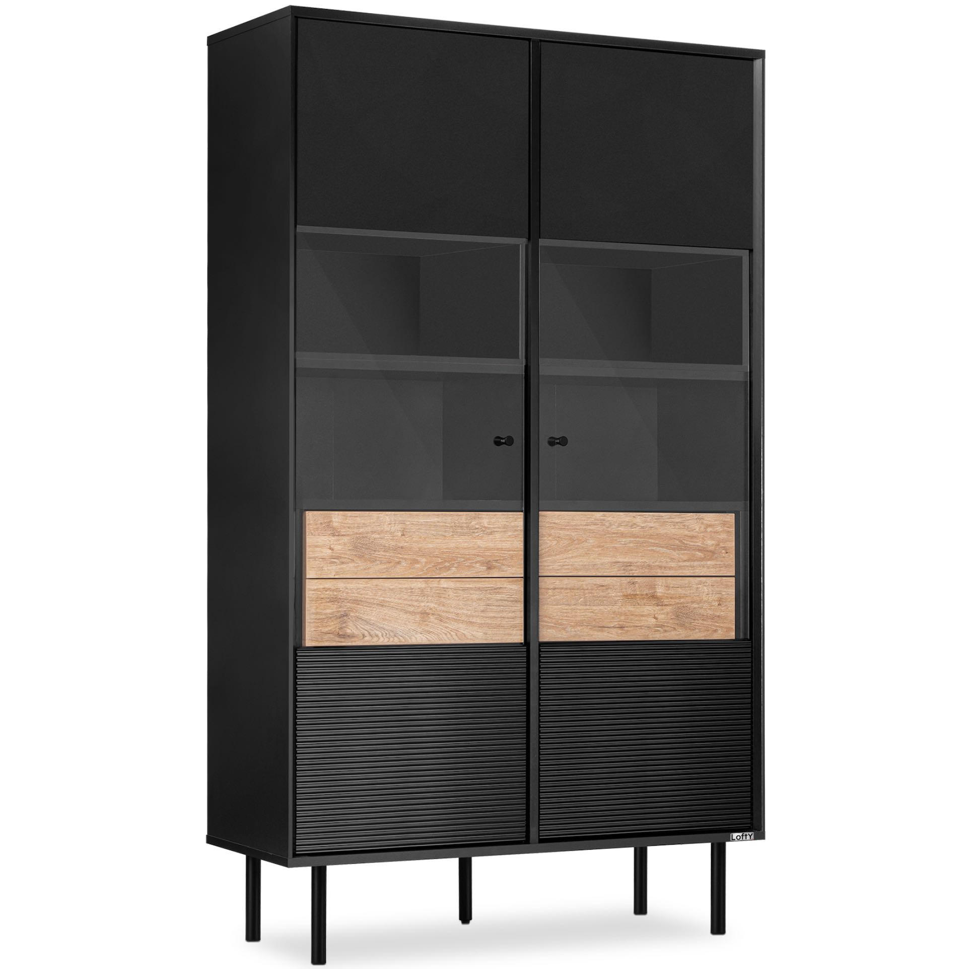 VITRINENSCHRÄNK LOFTY Außenseiteneinlage, schwarz / Eiche natur - Eichefarben/Schwarz, Holzwerkstoff (102/174/41cm) - KONSIMO®