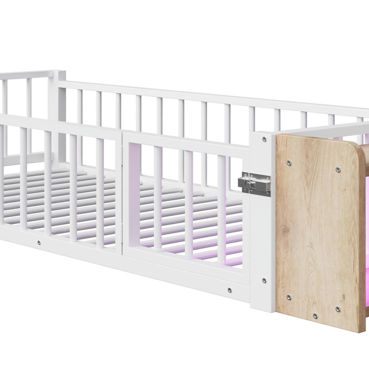 BODENBETT 90/200 cm DE-03338, mit LED, Schließfach und Schutzgeländer, in Weiß - Weiß, Holzwerkstoff/Metall (90/200cm) - ComfortXL