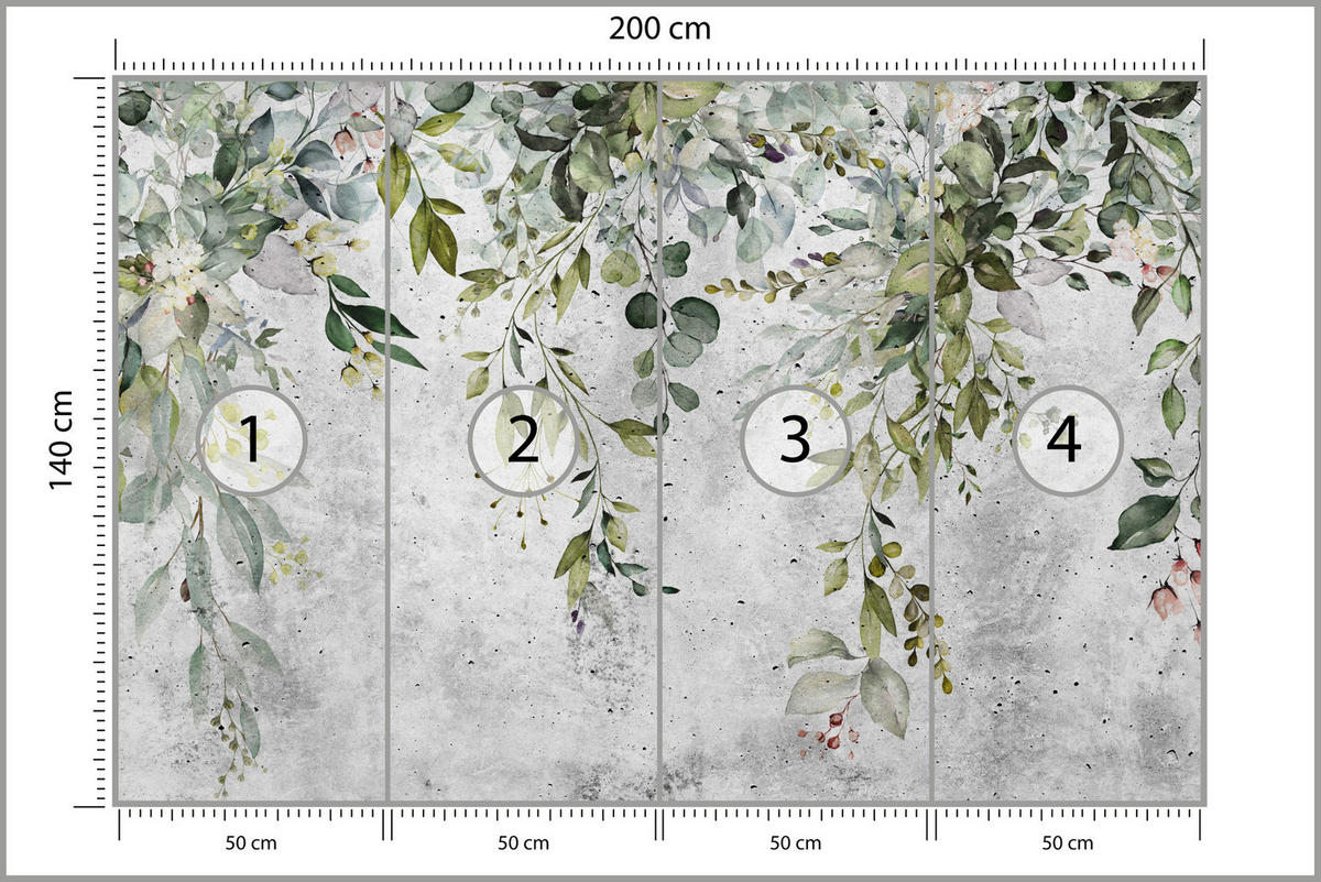 FOTOTAPETE Blätter auf Beton Abstraktion Vintage 200x140 - Grau/Grün, Papier (200/140cm) - Muralo