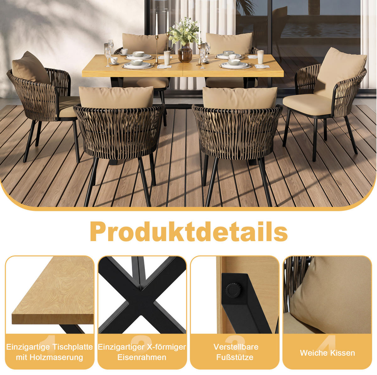 GARTEN-ESSGRUPPE 150/75/75 cm khaki/natur aus Eisen und Polyester für 6 Personen - Naturfarben, Metall - OKWISH
