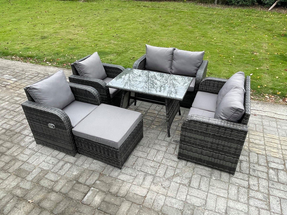 BALKONSET mit ESSTISCH SOFA Polyrattan Dunkelgrau 7-Sitzer - Dunkelgrau/Grau, Glas/Kunststoff - Fimous