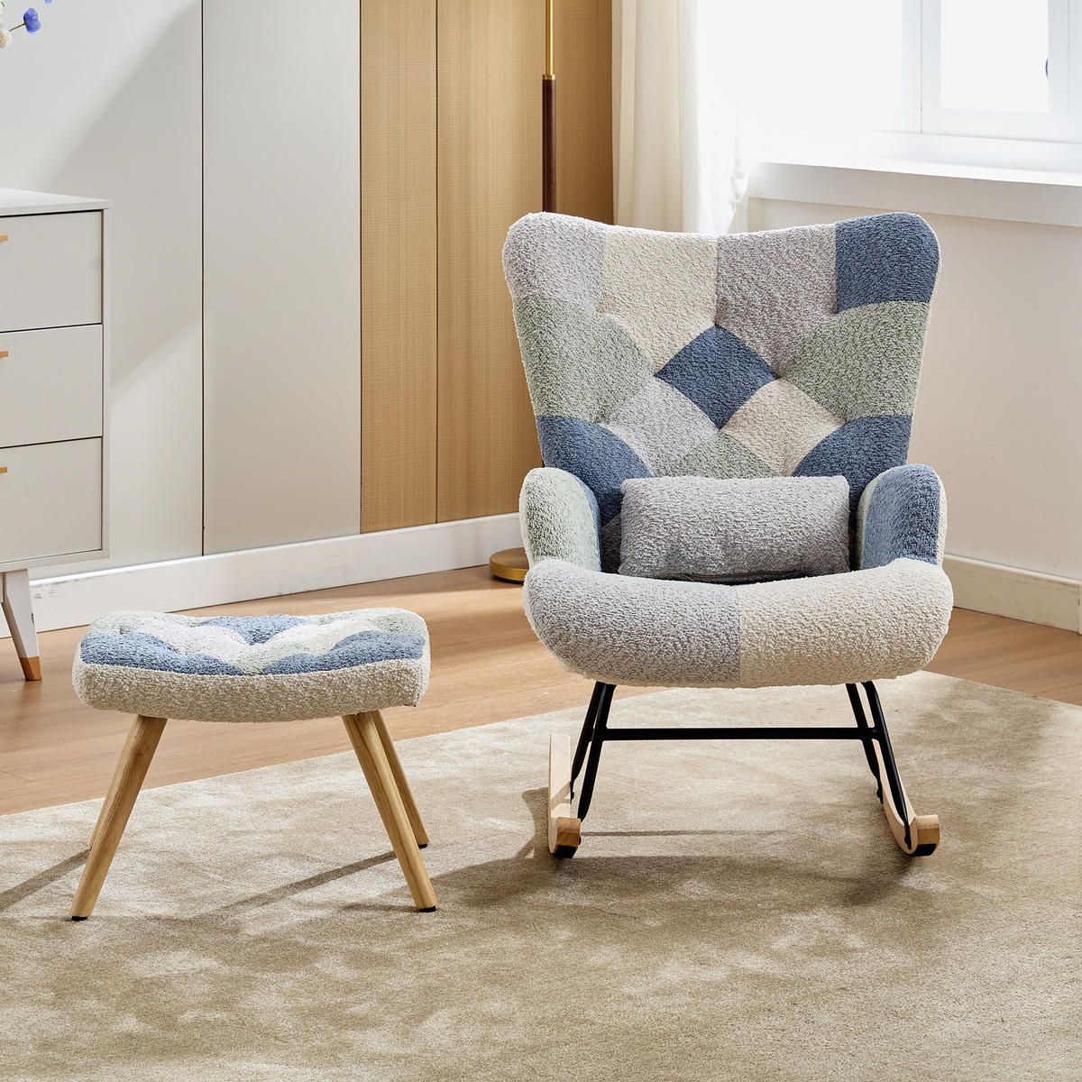 SCHAUKELSTUHL 84/68/91 cm Beige-Blau mit Fußhocker - Multicolor, Textil (68/91/122cm) - Oxeza