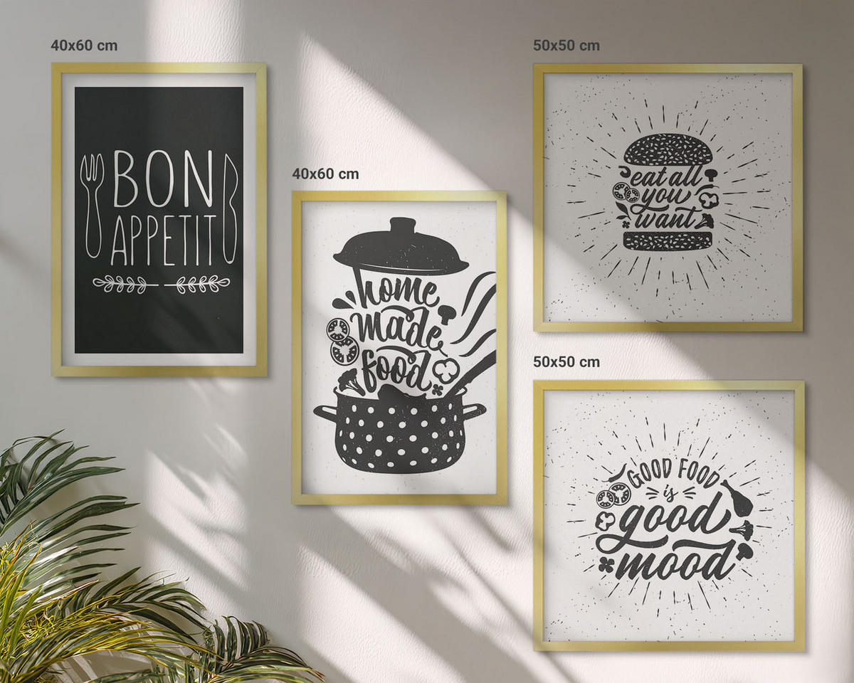 BILDER SET 4er Set - 50x50 cm & 40x60 cm Goldrahmen - Grafiken, Lebensmittel, kulinarische Slogans - Goldfarben, Kunststoff (50/50cm) - TULUP