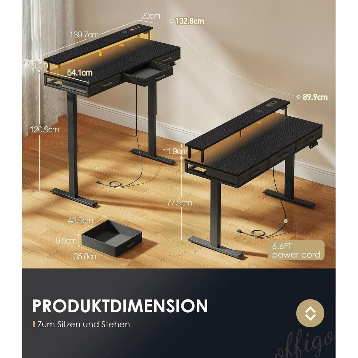 ELEKTRISCHER Schreibtisch mit Schubladen 140 cm Schwarz - Schwarz, Holz (54/140/78cm)