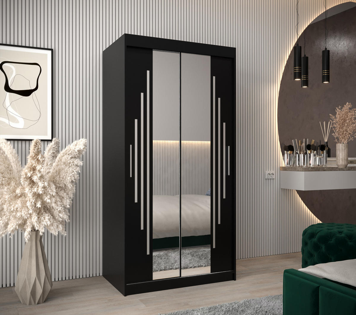 SCHWEBETÜRENSCHRANK 200/100/62 2-türig - Silberfarben/Schwarz, Holz/Kunststoff (100/200/62cm) - Abiks Möbel