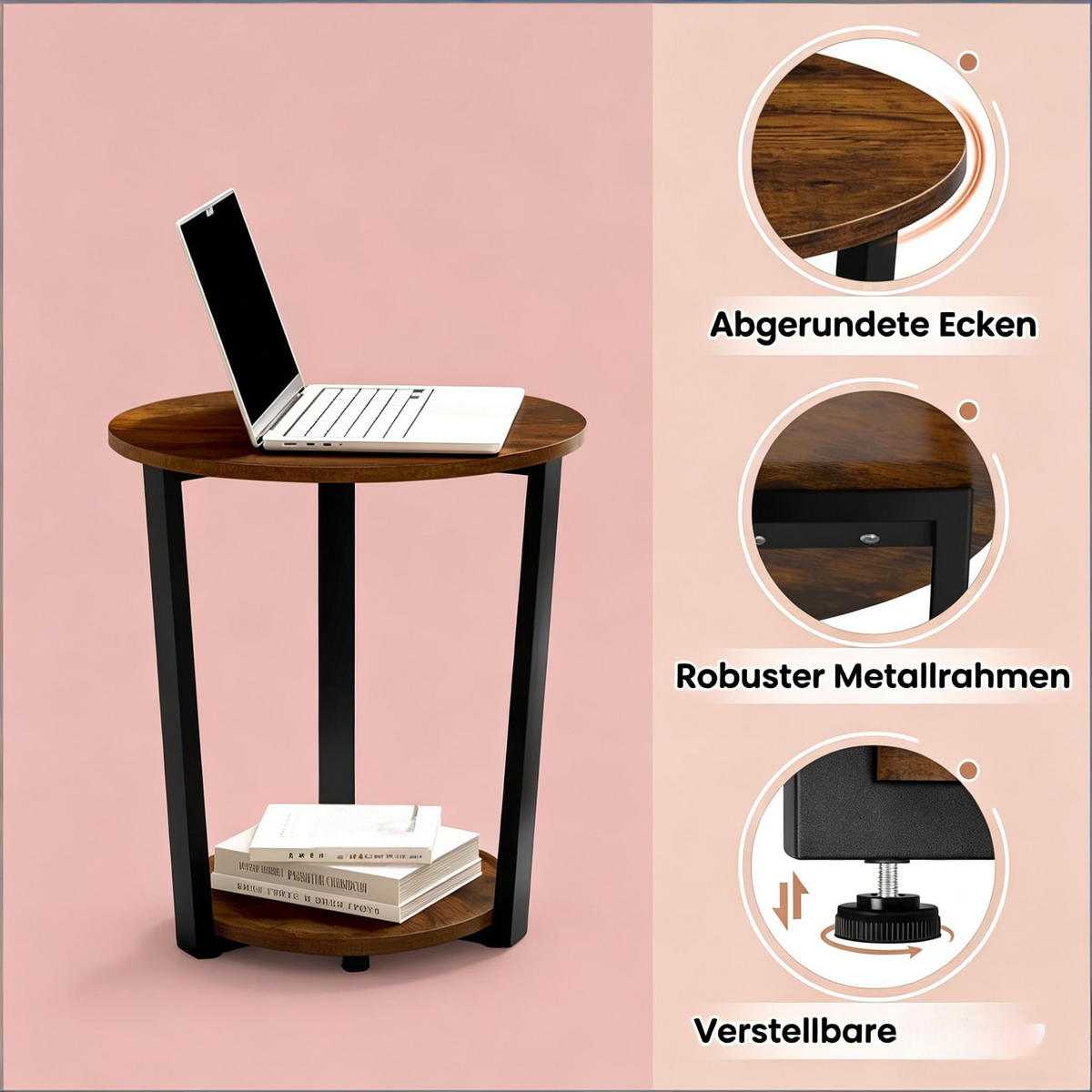 BEISTELLTISCH DE-37223 rund mit 2 Regalen Rustikales Braun - Dunkelbraun, Metall (50/50/53cm) - ComfortXL