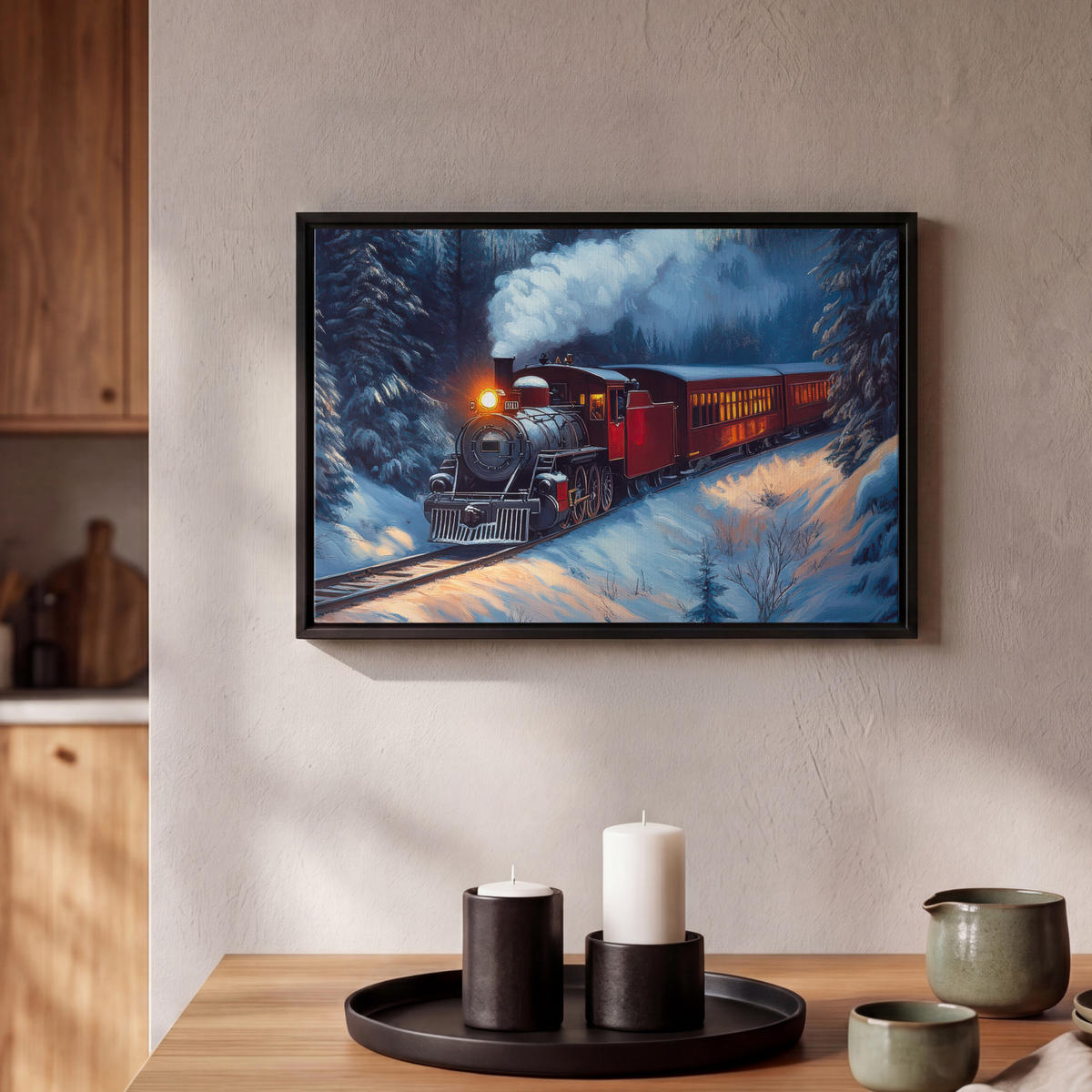 LEINWAND Bilder mit Rahmen - Zug - Weihnachten - Schnee - Weihnachtszug - 30x20 - Anthrazit, Textil (30/20cm) - MuchoWow