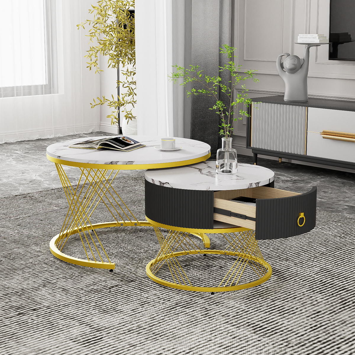COUCHTISCH 2er Set Marmoroptik Gold - Weiß, Holz (70/70/45cm) - Fortuna Lai