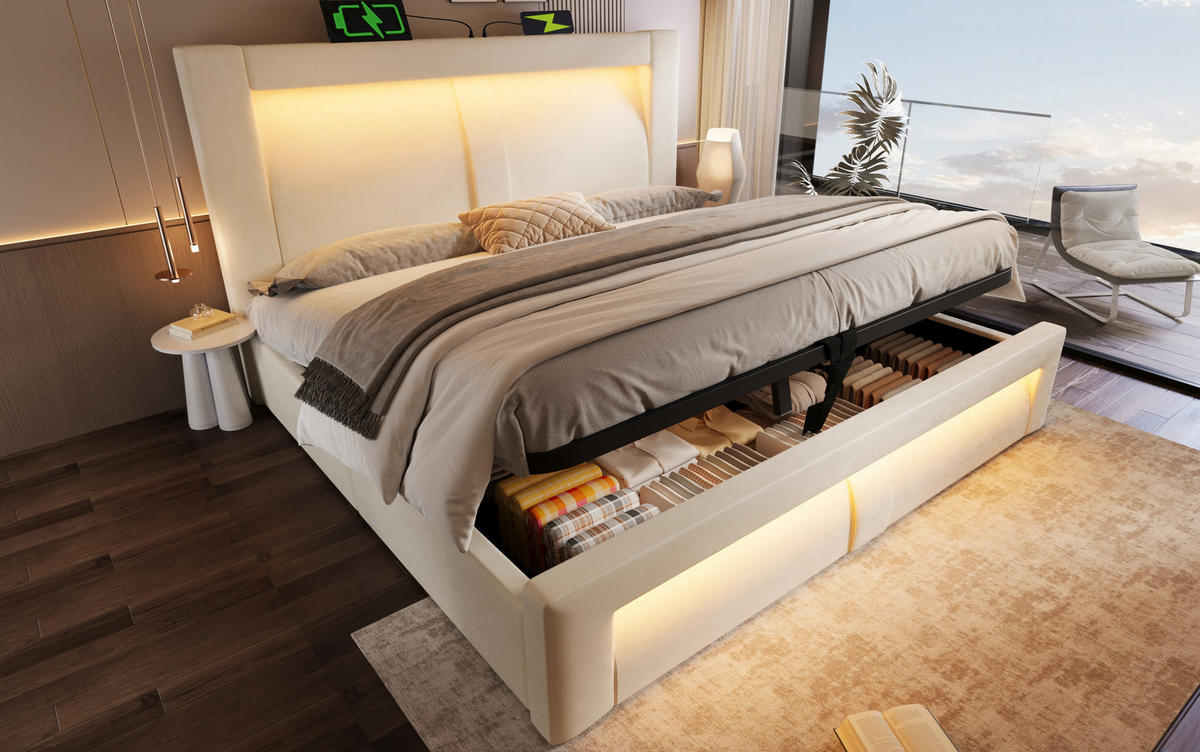 BETT mit Stauraum & LED 140x200 cm Samt Beige inkl. Matratze - Beige, Metall (140/200cm) - Meubliv
