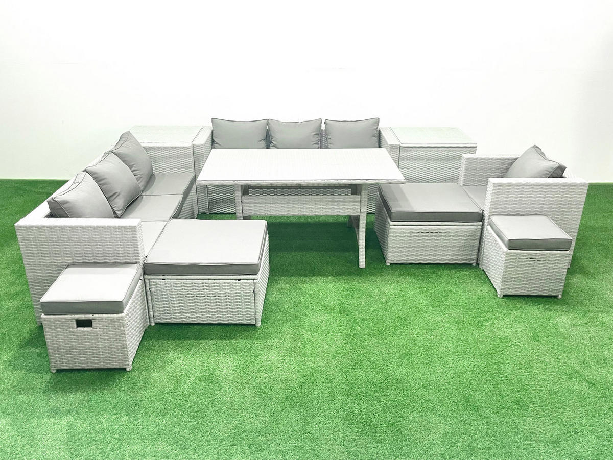 GARTENSET mit Esstisch,Sofa,4 Fußhocker,Stuhl,2 Beistelltischen Polyrattan Hellgrau 11-Sitzer - Hellgrau/Grau, Glas/Kunststoff - Fimous