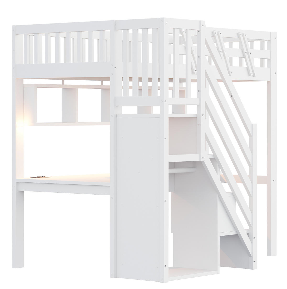 HOCHBETT Holz 90x200 cm Weiß mit Schreibtisch, Stauraumtreppe, LED und Steckdosen - Weiß, Holz (90/200cm) - Modfu