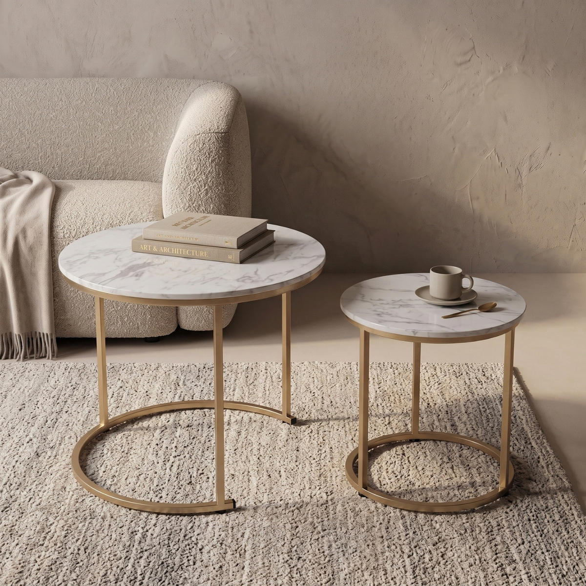 COUCHTISCH 2er-Set rund Gold, Weiß - Weiß, Metall (60/60/50cm) - SCENA LIVING