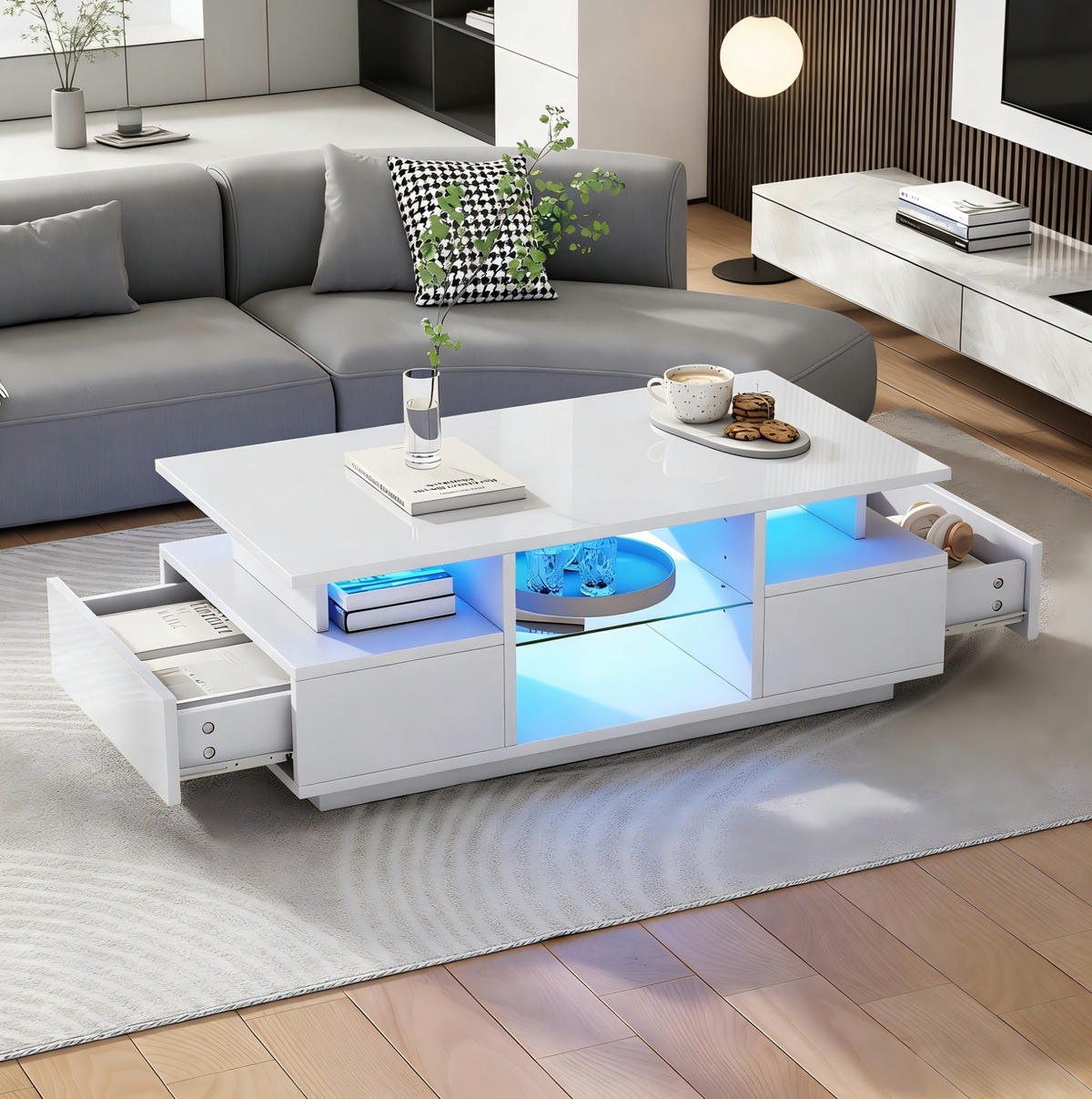 COUCHTISCH 100/50/36 cm Weiß aus Spanplatte mit LED-Beleuchtung und 2 Schubladen - Weiß, Holzwerkstoff (100/50/36cm) - OKWISH