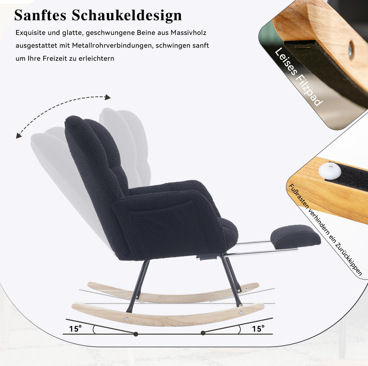 SCHAUKELSTUHL 80/98/98,5 cm schwarz aus Lammfell-Optik mit Fußstütze - Schwarz, Textil (98/98.5/80cm) - OKWISH