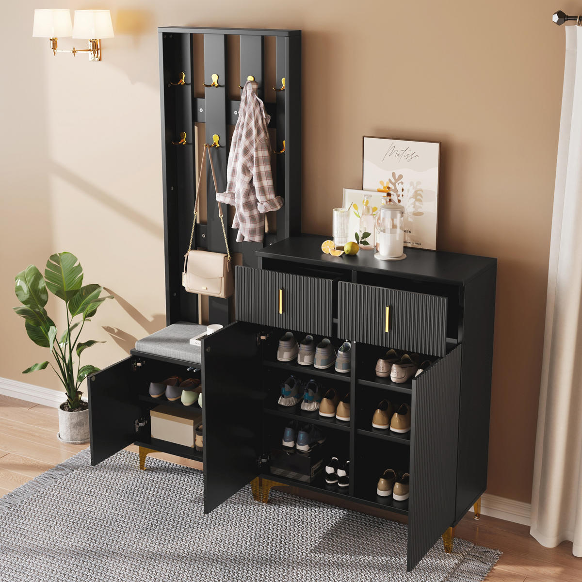 SCHUHSCHRANK 83/101/35 cm Schwarz aus Spanplatte mit Garderobe - Schwarz, Holzwerkstoff (83/101/35cm) - OKMYHOME