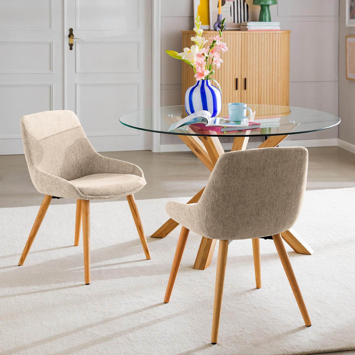 POLSTERSTUHL - Webstoff / Eiche massiv, 2er-Set - Beige, Textil (52/81/57cm) - home24